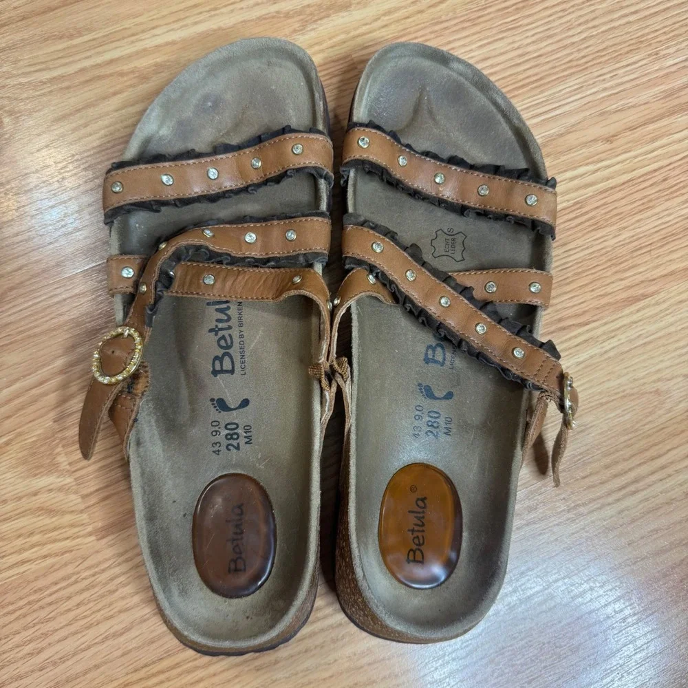 Betula by Birkenstock Studded Ruffle Cork Sandals Brown ladies size 12